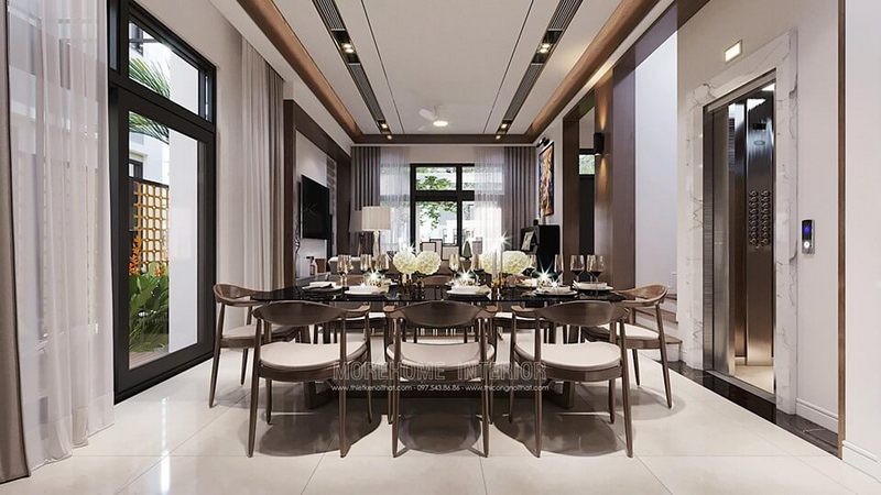 Mẫu thiết kế nội thất phòng ăn luxury phong cách hiện đại bằng gỗ óc chó nhập khẩu cho không gian biệt thự tại Starlake Tây Hồ