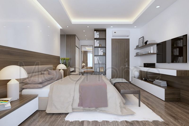 Thiết kế nội thất phòng ngủ có phong cách sang trọng và đẹp mắt với sự kết hợp hài hòa của các tông màu nhẹ nhàng.